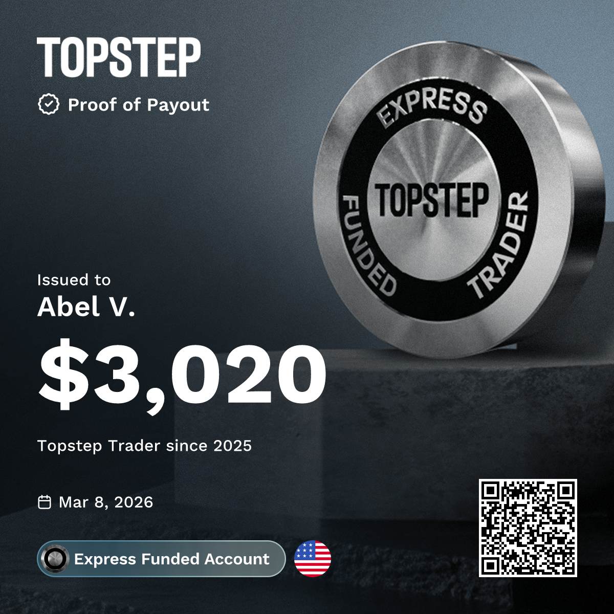 Topstep payout certificate - $3,020