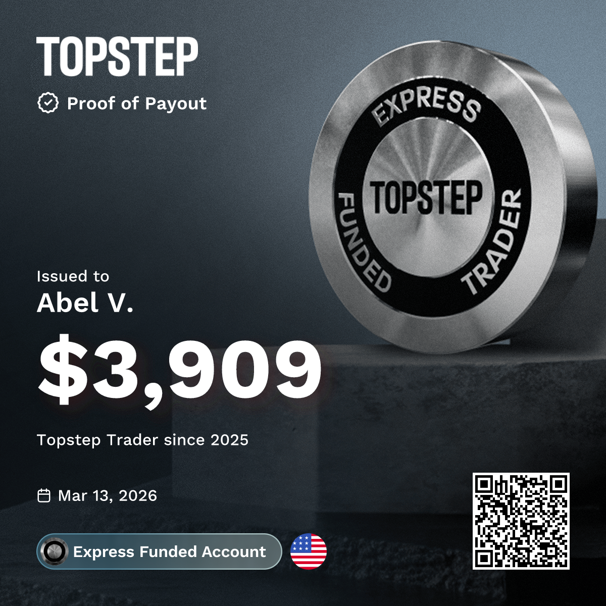 Topstep payout certificate - $3,909