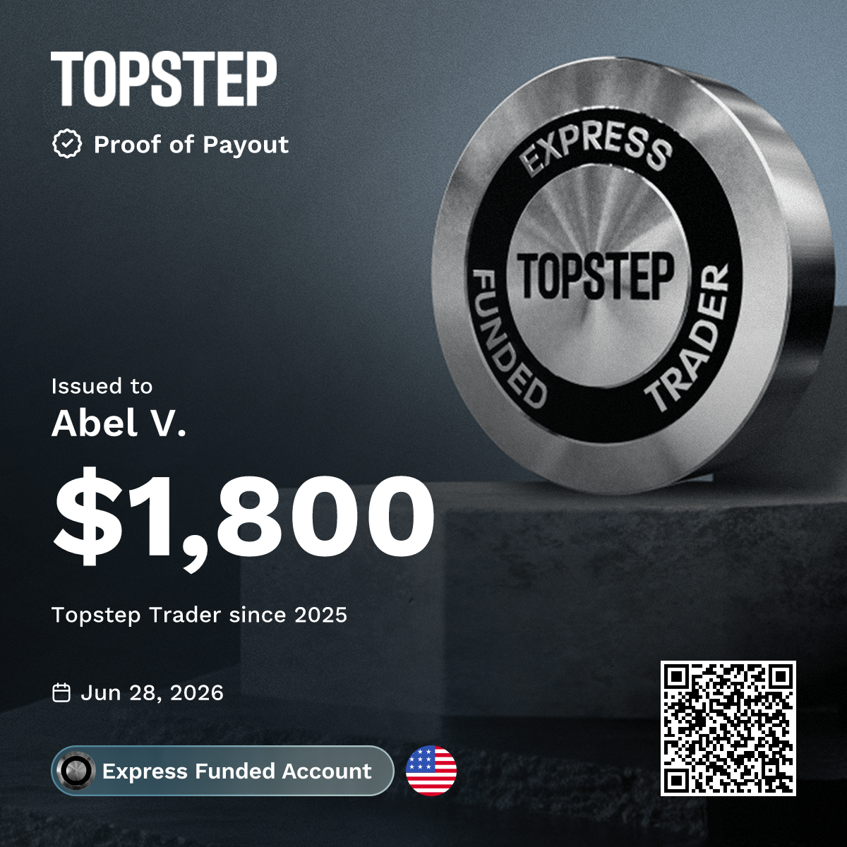 Topstep payout certificate - $1,800