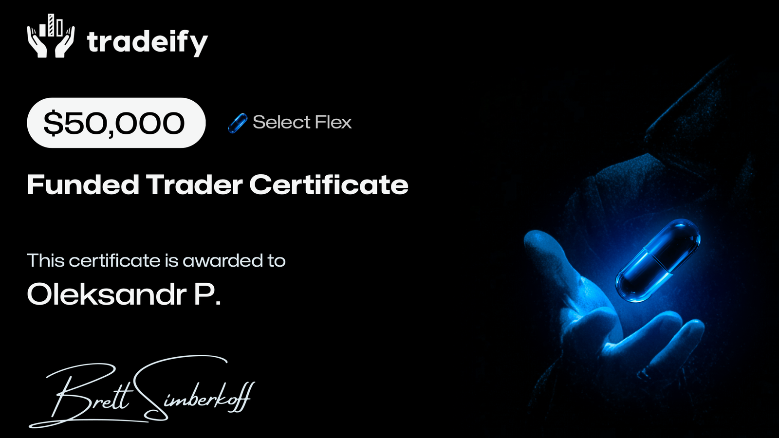 Tradeify $50,000 funded trader certificate