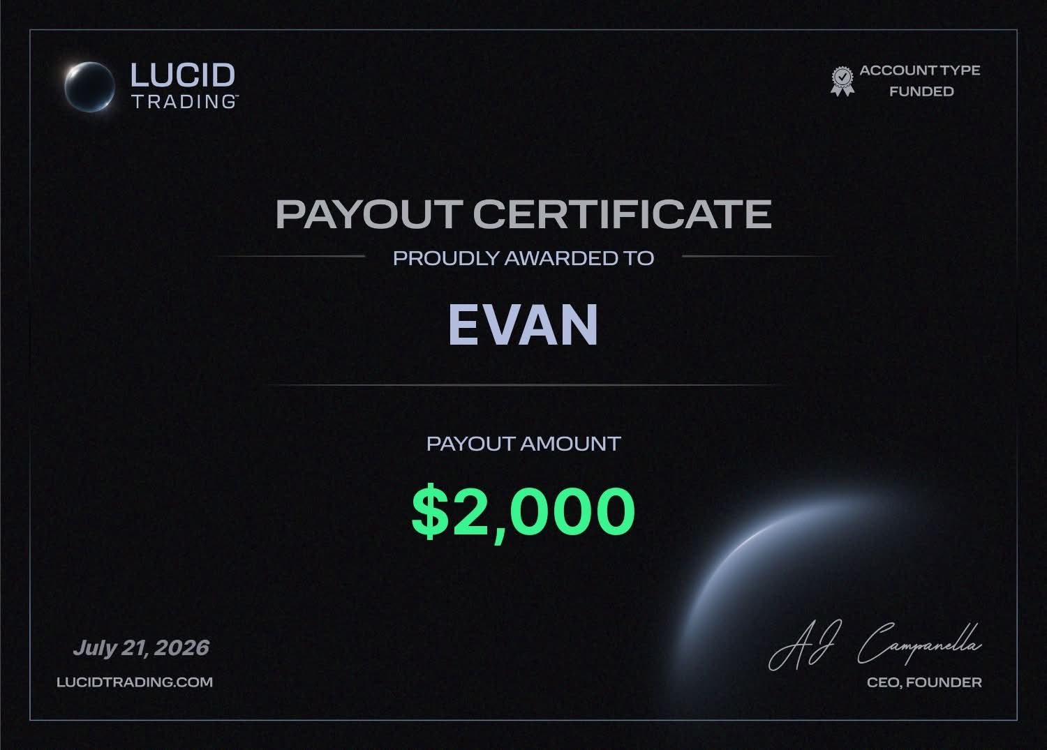 Lucid Trading payout certificate - $2,000