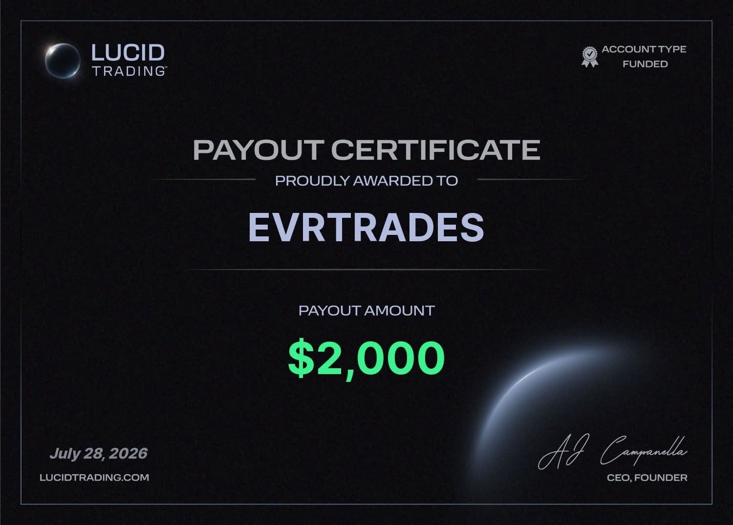 Lucid Trading payout certificate - $2,000