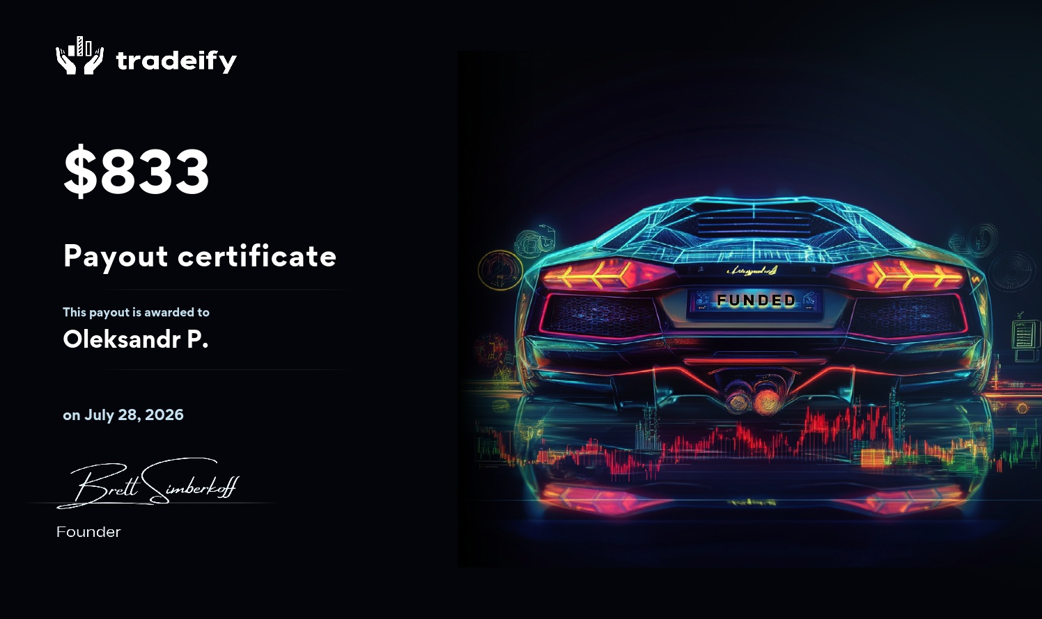 Tradeify payout certificate - $833